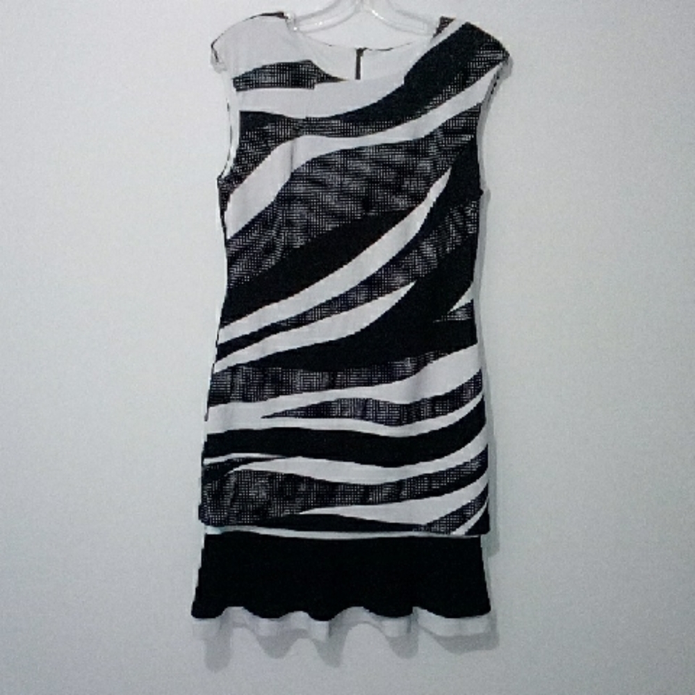 Frank Lyman Black and White Striped Polkadot Ruffled Midi Dress